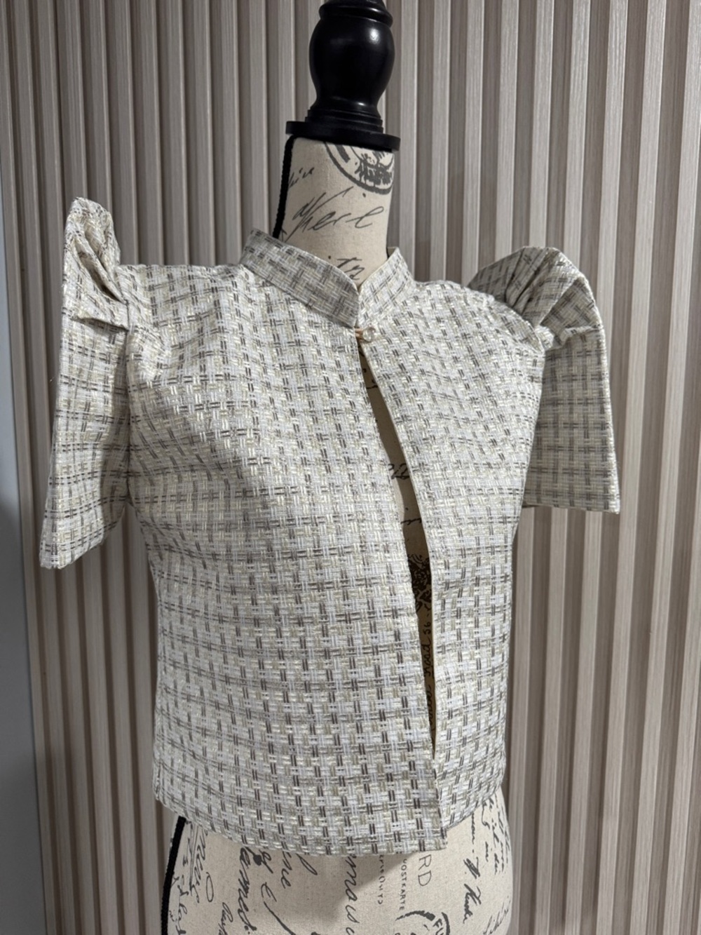 Women's Cream Tweed Short Sleeve Boxy Top - Picture 2 of 3